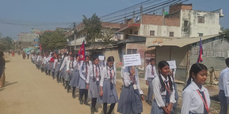 नारा र प्लेकार्डसहित लहानमा लोकतन्त्रको महत्वबारे जागरण